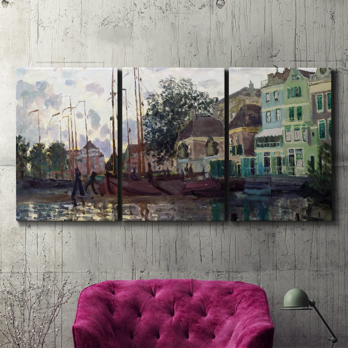Three-panel canvas wall art featuring riverside town dike at evening, displayed in a living room above a suede accent chair.