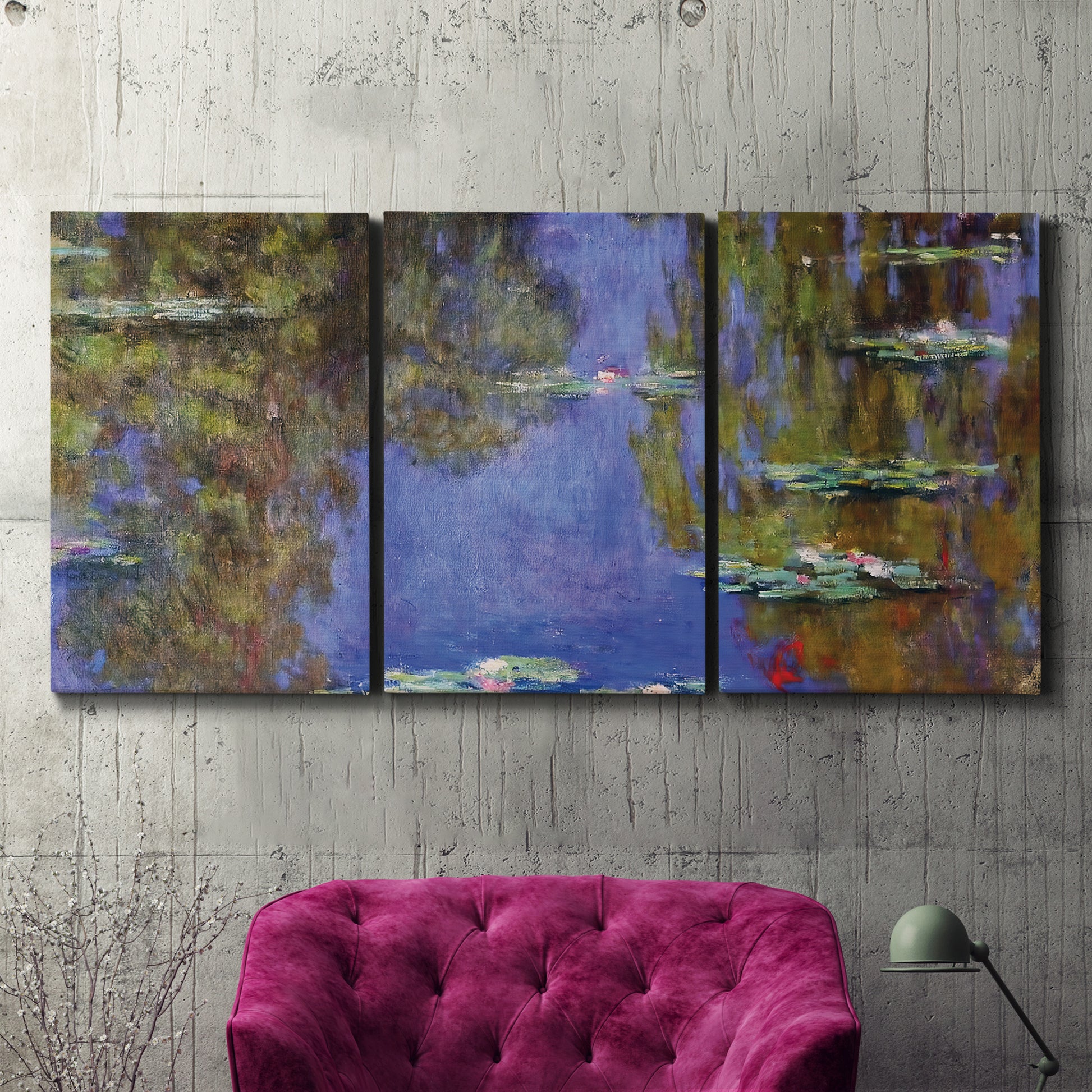 Three-panel canvas wall art featuring blue and purple water lily pond, displayed in a living room above a suede accent chair.