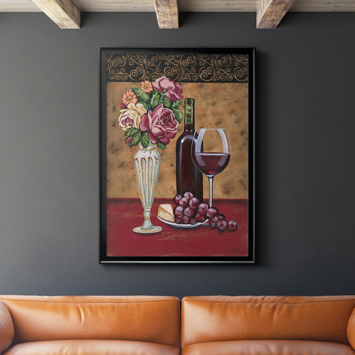 Vintage Flowers and Wine I - Modern Framed Canvas Print