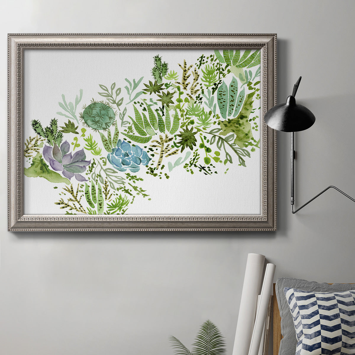 Minimalist abstract succulent botanical watercolor artwork in an ornate vintage silver frame displayed in a neutral interior setting.
