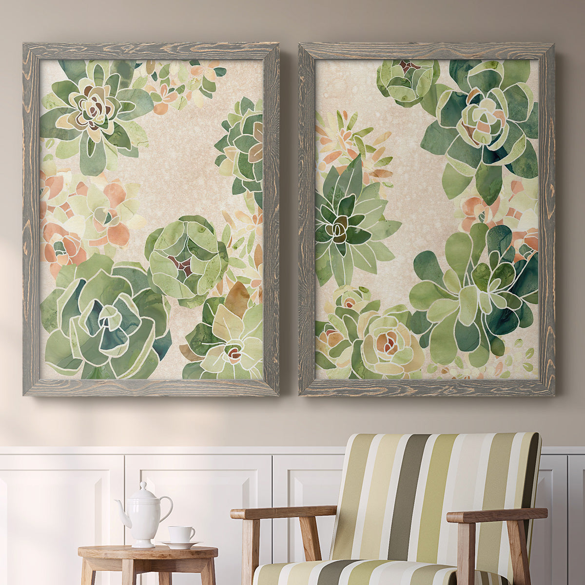 Set of two gray barnwood framed canvas prints depicting two decorative botanical pattern prints featuring dense repeating succulents and small flowers above a sideboard in a cozy sitting room.