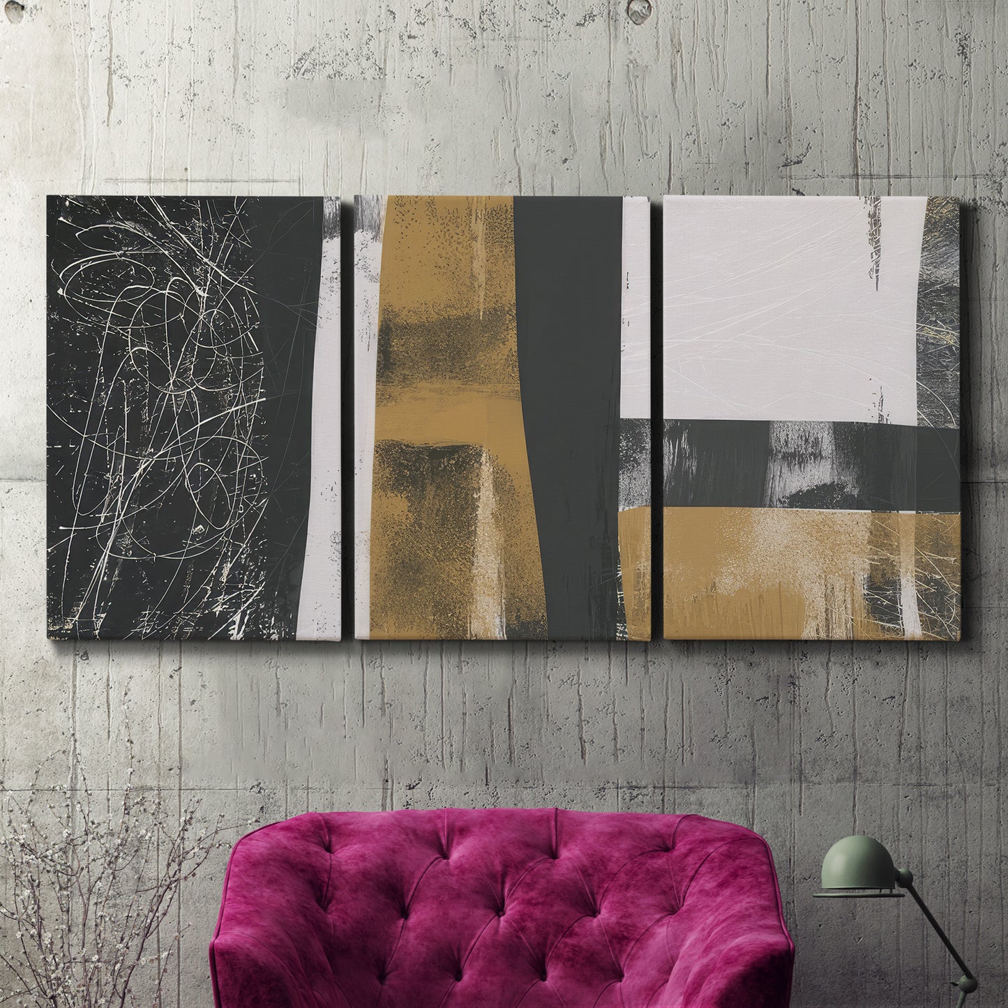 Three-panel canvas wall art featuring industrial mid century abstract glitch, displayed in a living room above a suede accent chair.