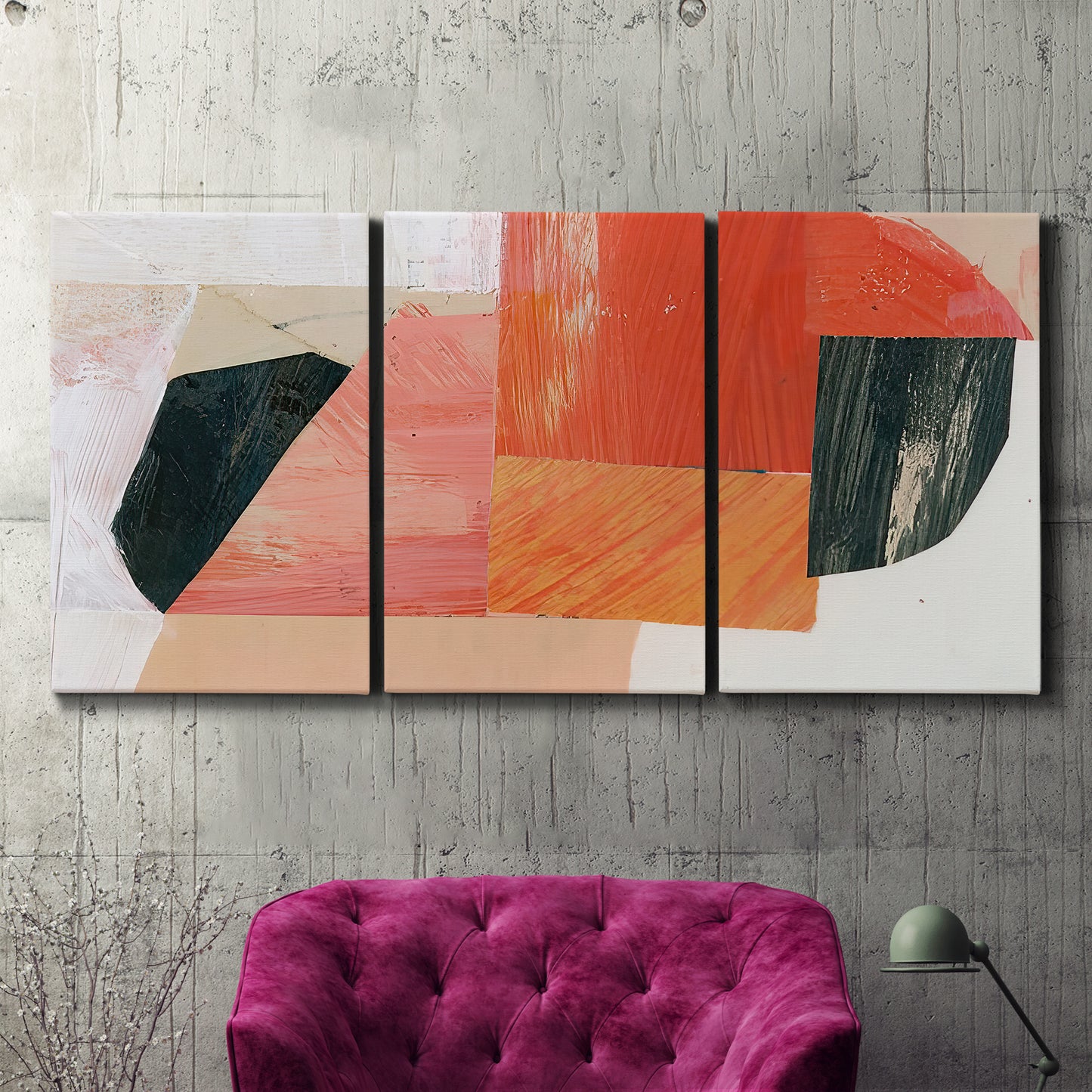 Three-panel canvas wall art featuring bold pink mid century abstract portal, displayed in a living room above a suede accent chair.