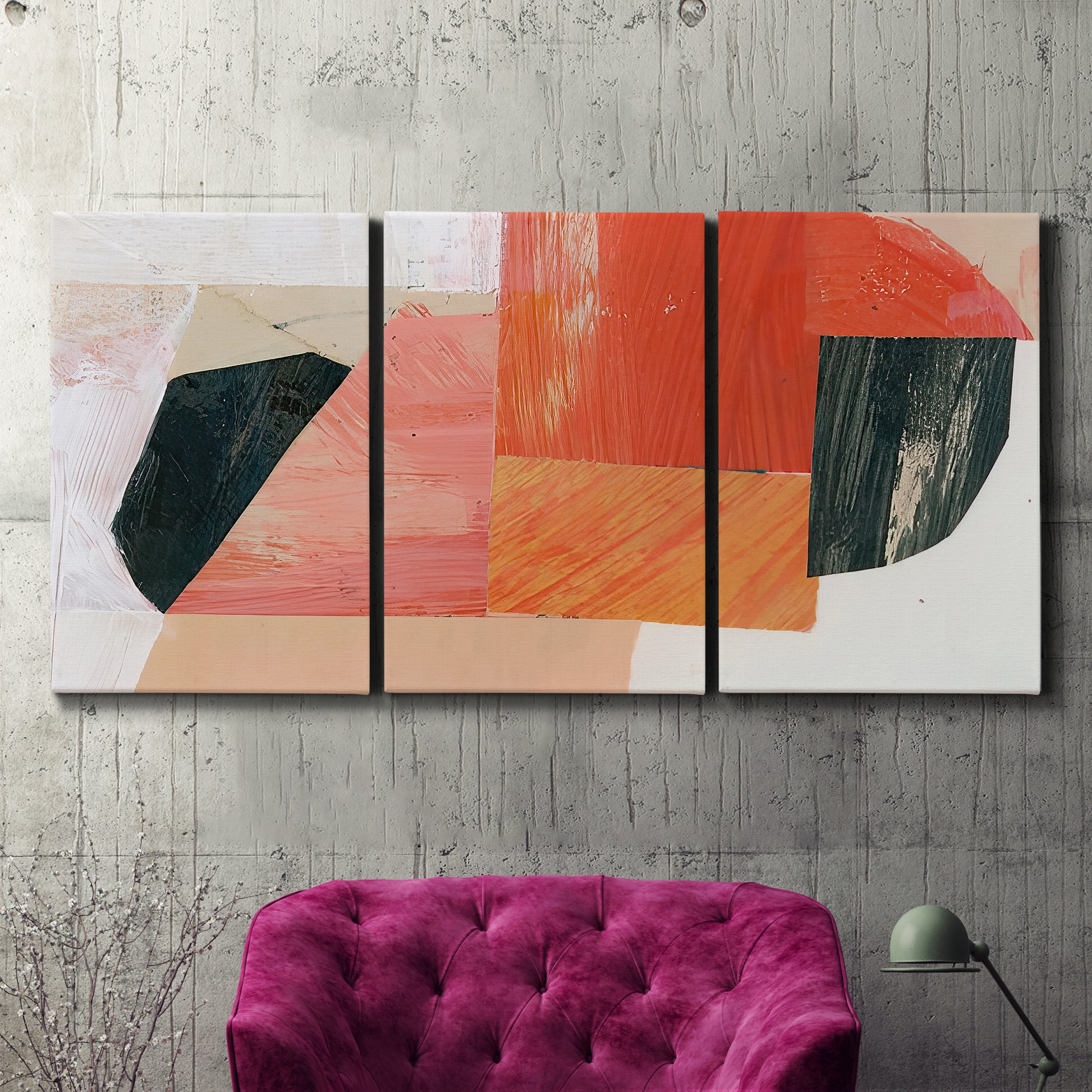 Three-panel canvas wall art featuring bold pink mid century abstract portal, displayed in a living room above a suede accent chair.
