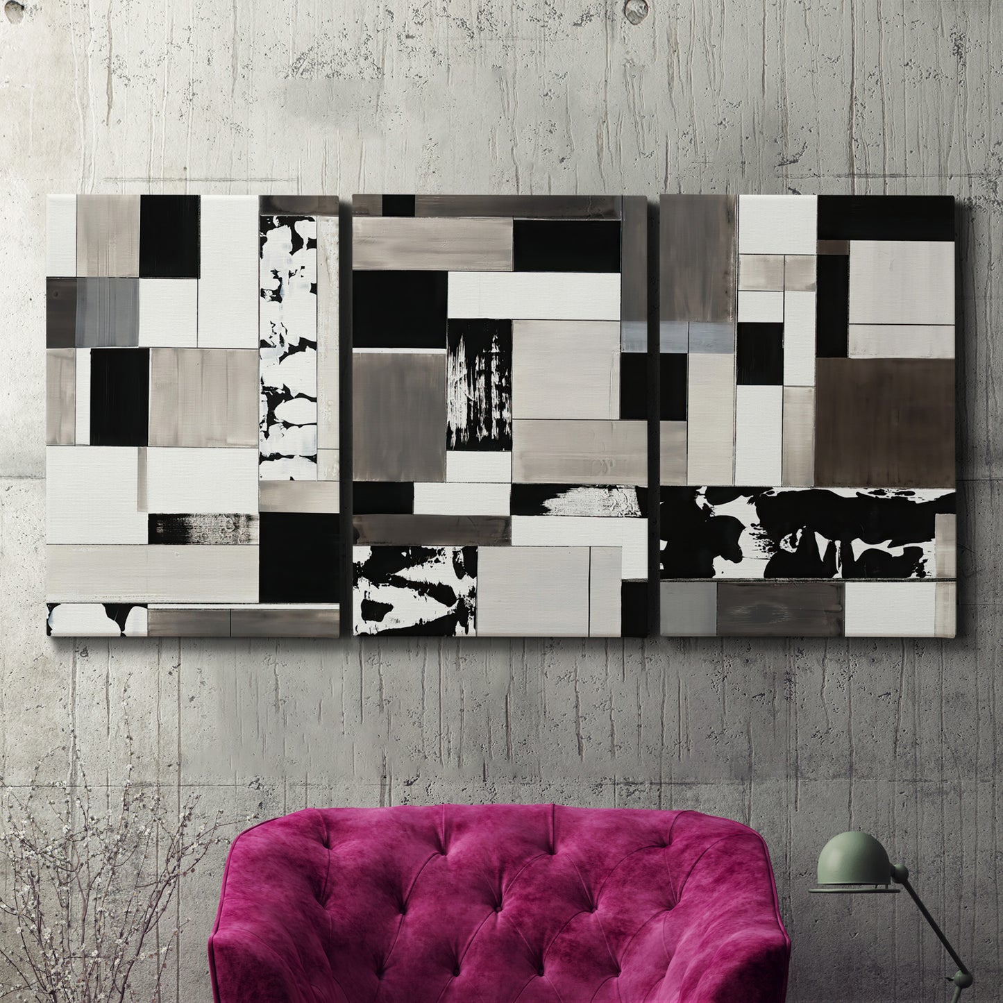 Three-panel canvas wall art featuring rectangular mid century geometric abstraction, displayed in a living room above a suede accent chair.