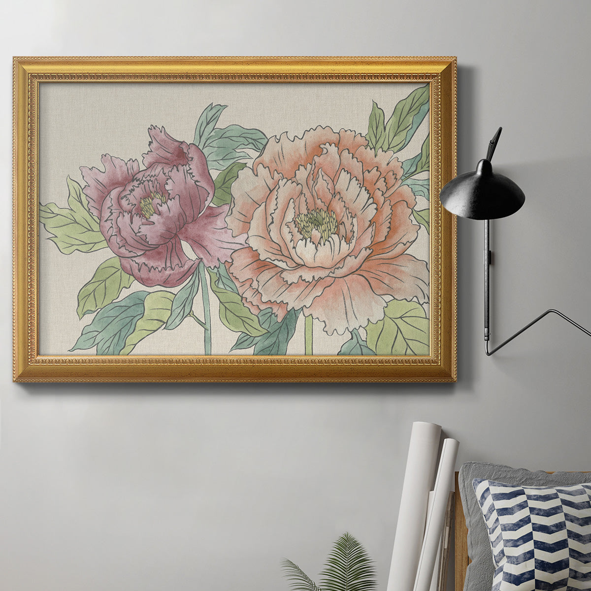 Modern peony floral drawing in an ornate antique gold frame displayed in a neutral interior setting.