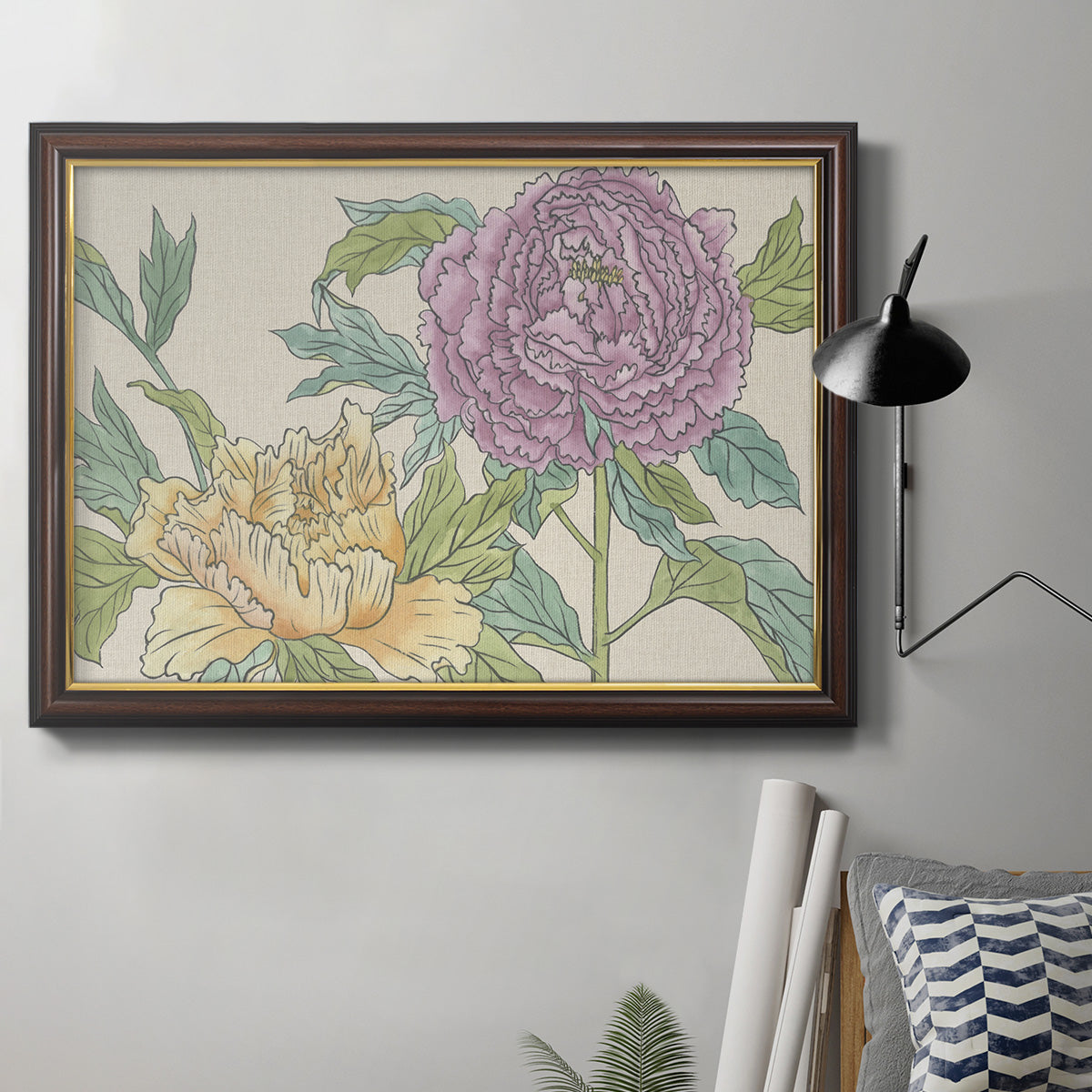 Contemporary peony flower illustration in an ornate mahogany wood frame with gold liner displayed in a neutral interior setting.