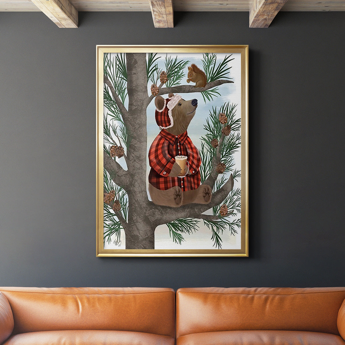 Lumberjack Bear Pine Tree Coffee Break - Modern Framed Canvas Print