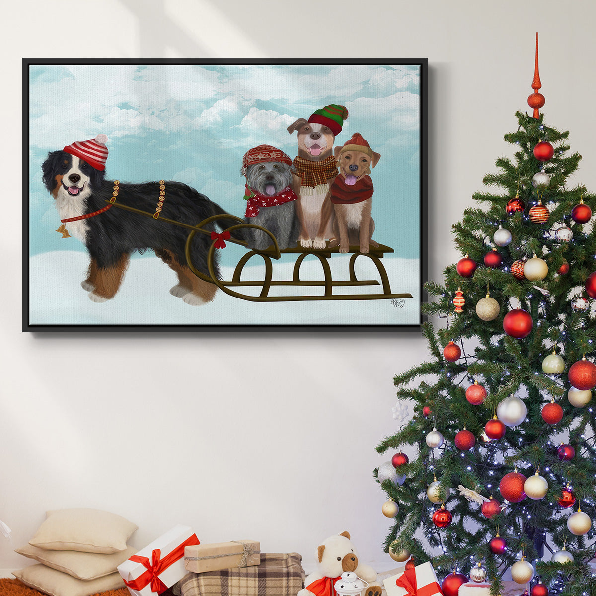 Christmas Mutt Sled - Floater Framed Canvas Print