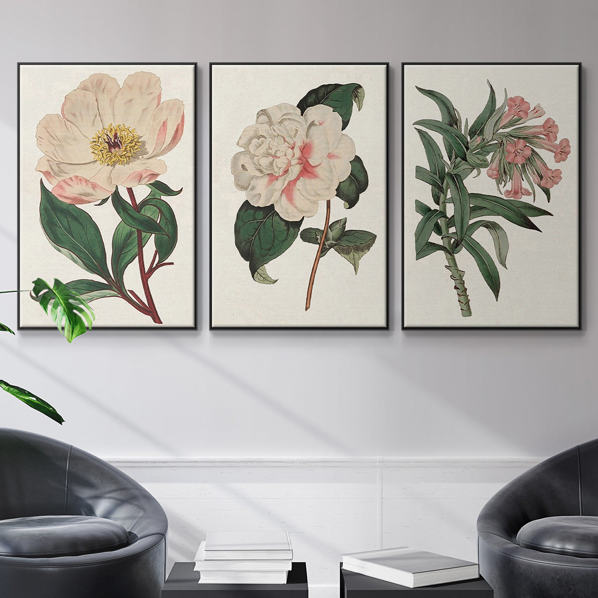 Pink Floral Mix VI - Framed Premium Gallery Wrapped Canvas L Frame 3 Piece Set - Ready to Hang