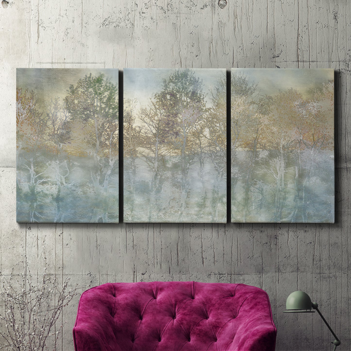 Three-panel canvas wall art featuring abstract river reflections, displayed in a living room above a suede accent chair.