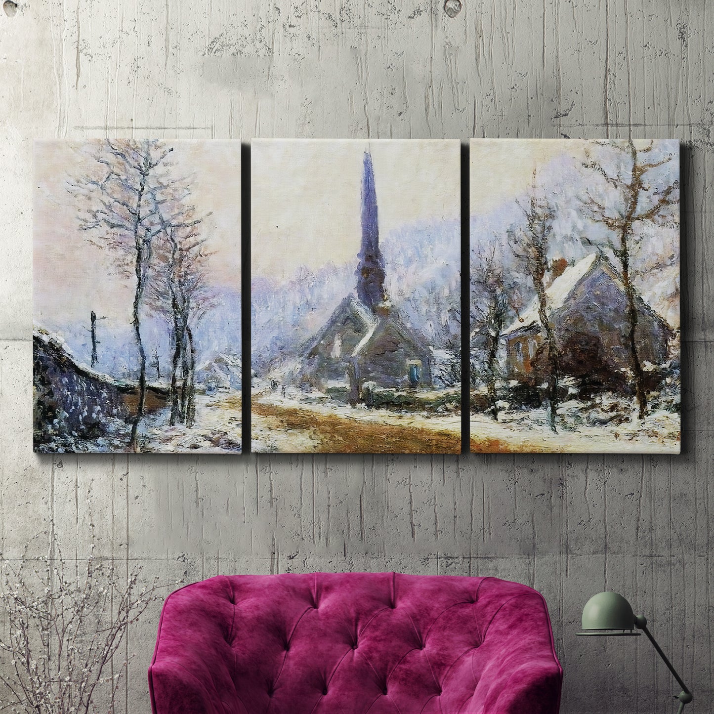 Three-panel canvas wall art featuring snow covered road leading to village, displayed in a living room above a suede accent chair.