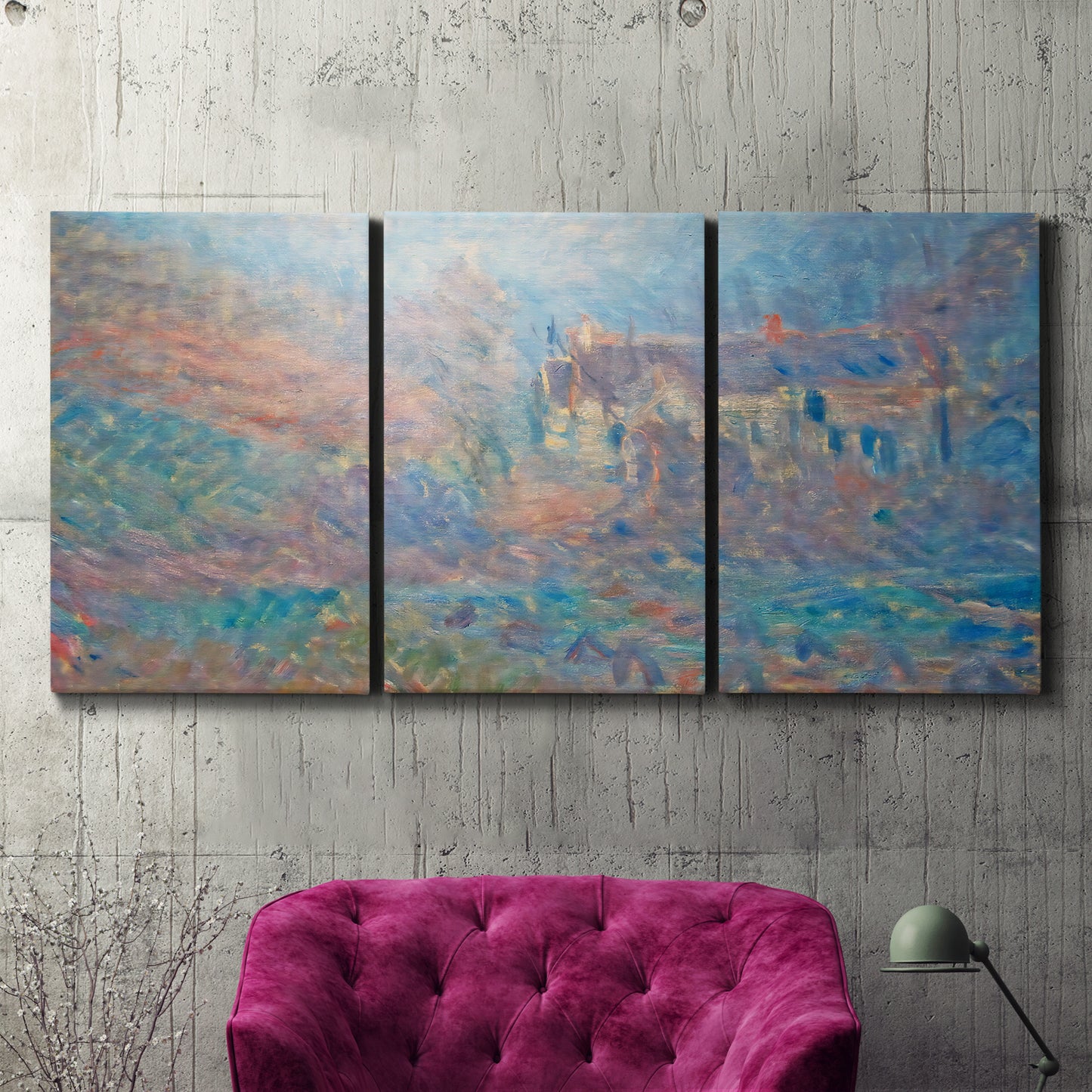 Three-panel canvas wall art featuring sunlit valley landscape, displayed in a living room above a suede accent chair.
