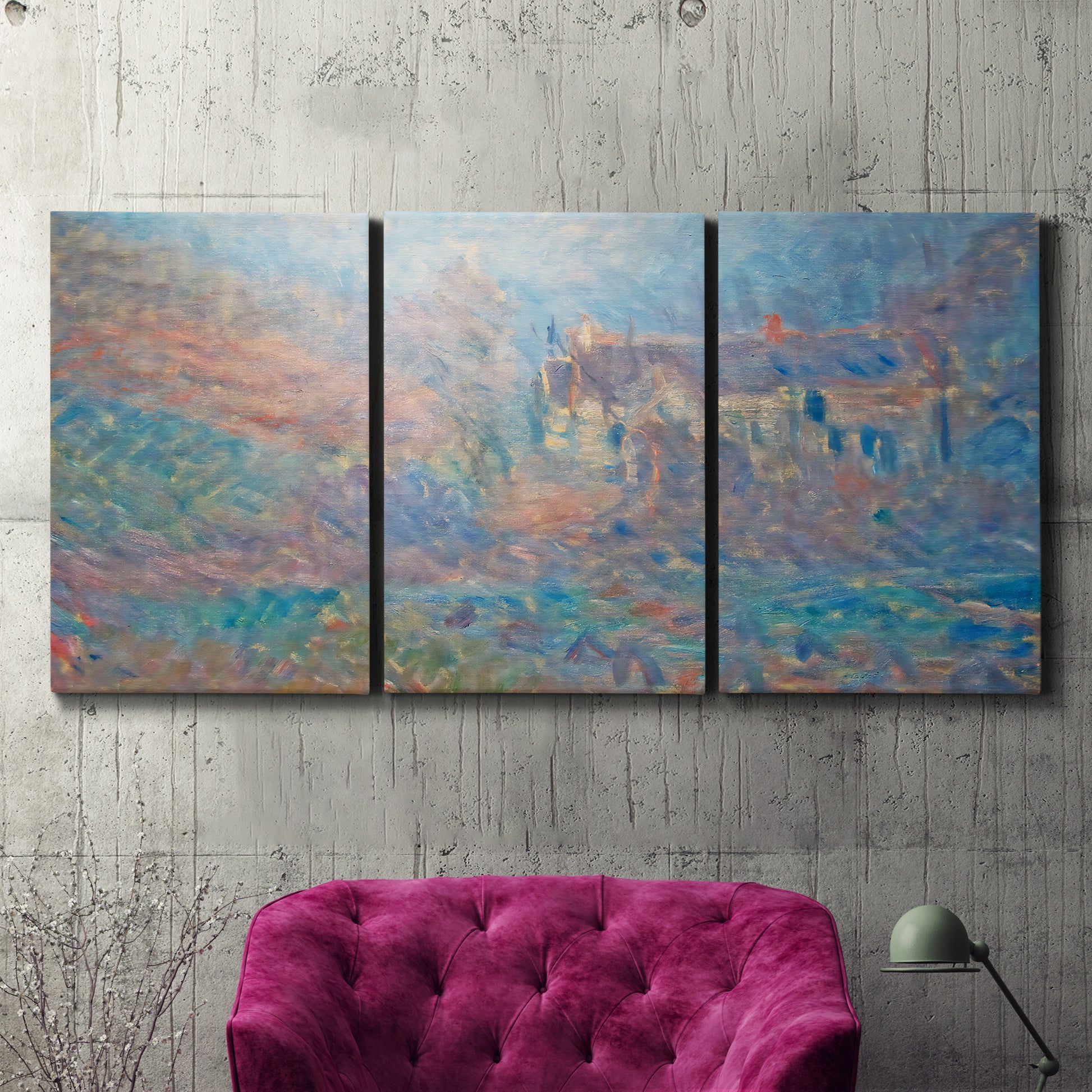 Three-panel canvas wall art featuring sunlit valley landscape, displayed in a living room above a suede accent chair.
