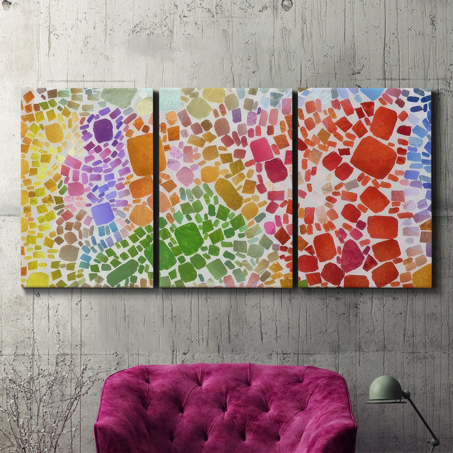Three-panel canvas wall art featuring peaceful tropical inspired landscape, displayed in a living room above a suede accent chair.