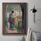 Impressionist portrait of Madame Monet sewing by Claude Monet in an ornate bronzed mahogany wood frame displayed in a neutral interior setting.