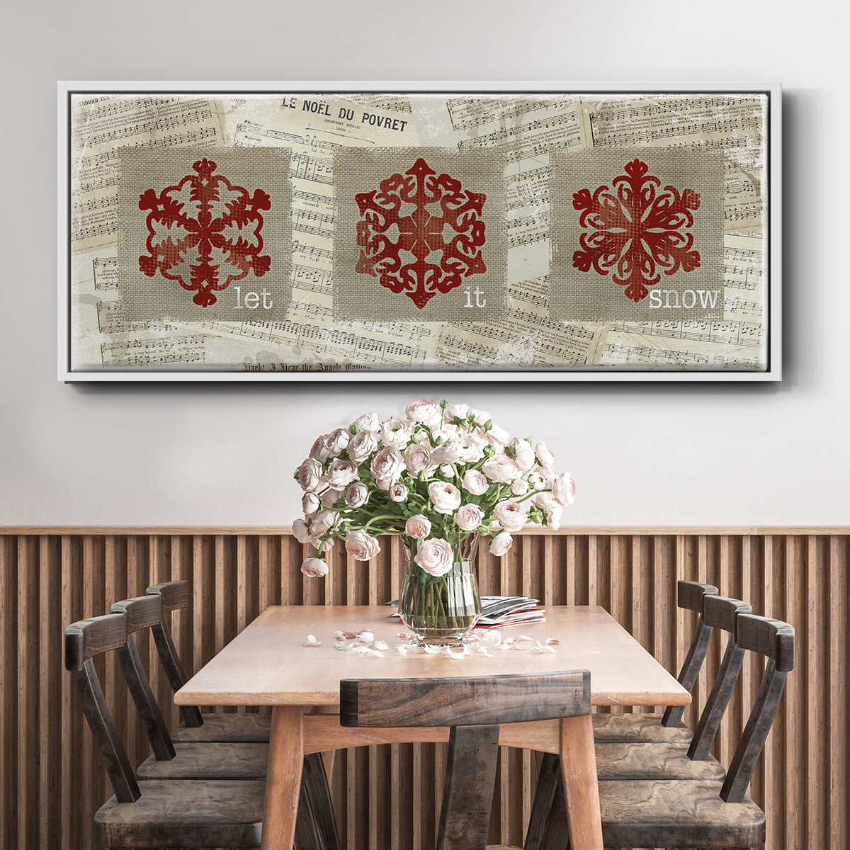 Burlap Music Snowflakes - Floater Framed Canvas Print