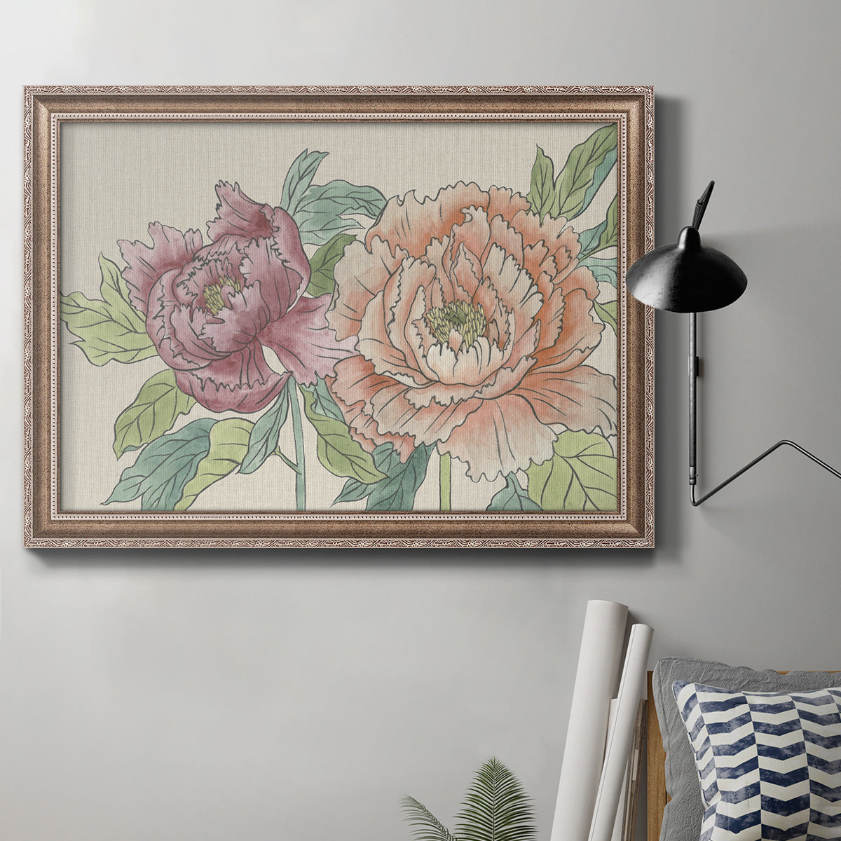 Modern peony floral drawing in an ornate traditional silver frame displayed in a neutral interior setting.