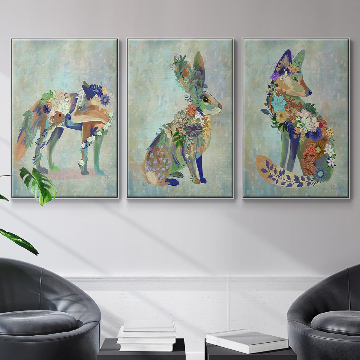 Fantastic Florals Fox, Sitting - Framed Premium Gallery Wrapped Canvas L Frame 3 Piece Set - Ready to Hang