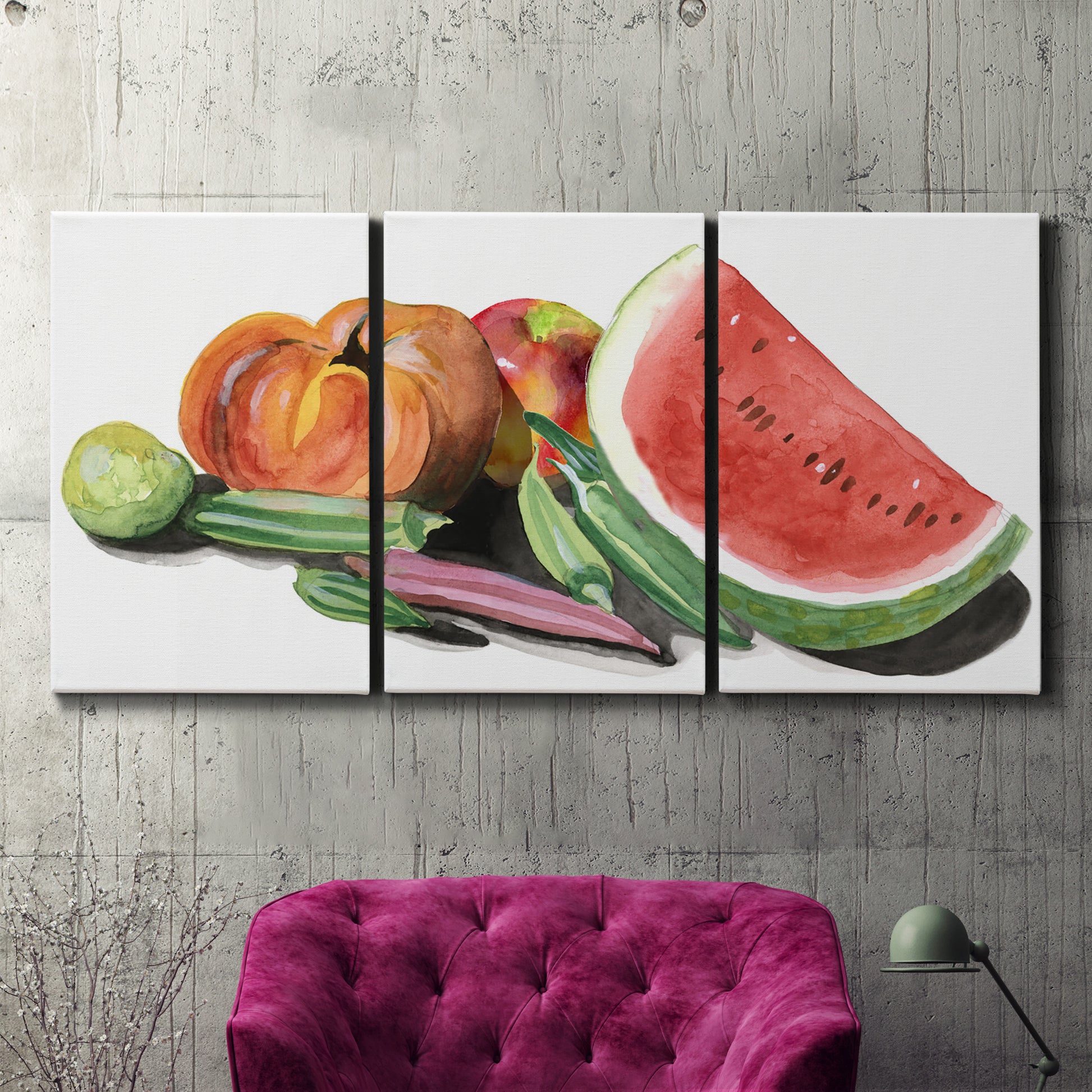 Three-panel canvas wall art featuring impressionist market still life, displayed in a living room above a suede accent chair.