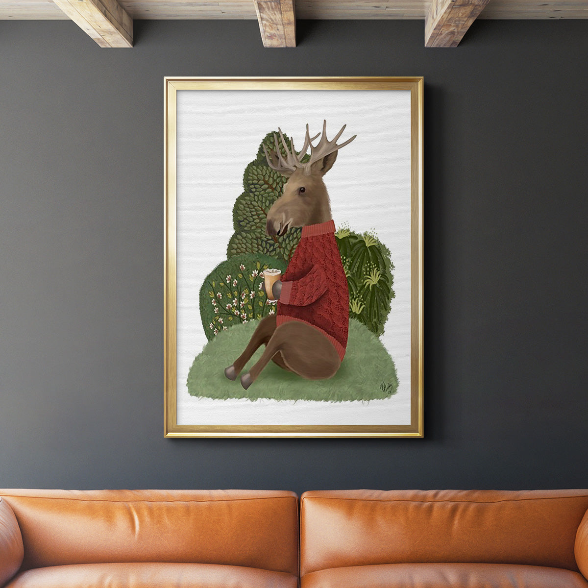 Latte Moose in Sweater - Modern Framed Canvas Print