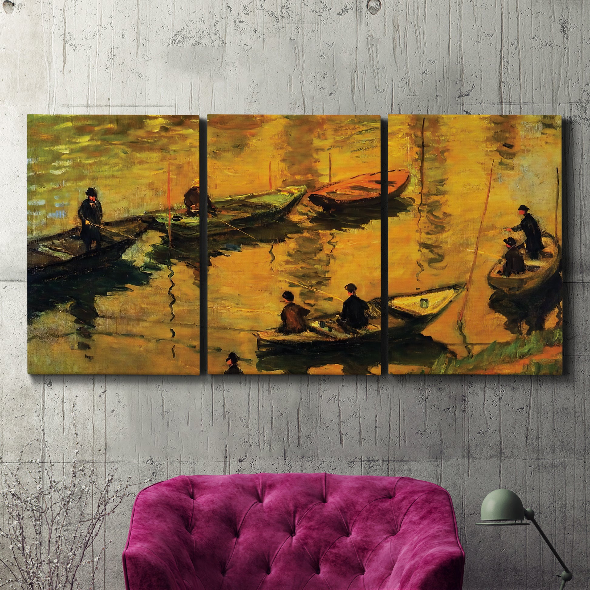 Three-panel canvas wall art featuring small boat on calm water, displayed in a living room above a suede accent chair.