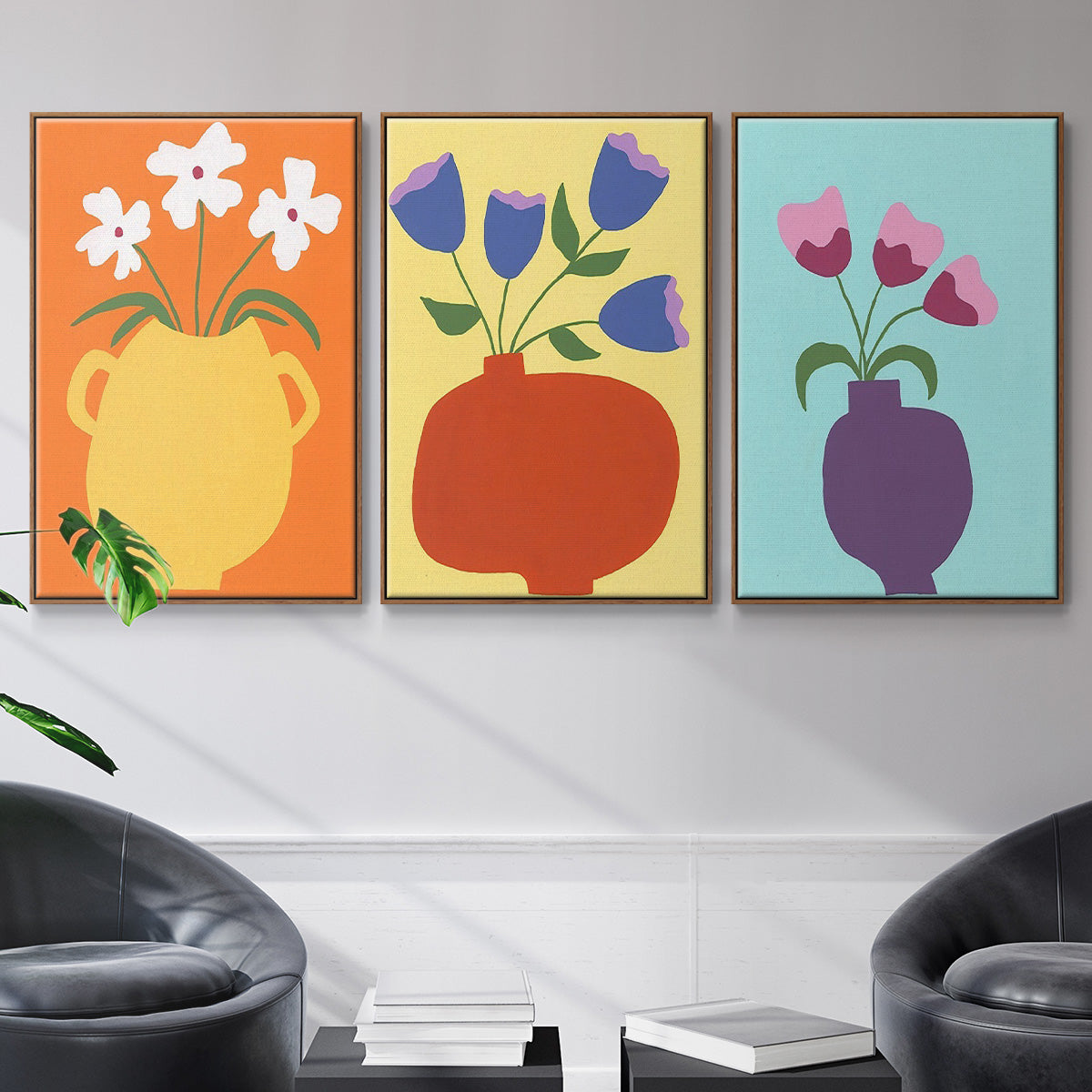 Modern Blooms I - Framed Premium Gallery Wrapped Canvas L Frame 3 Piece Set - Ready to Hang