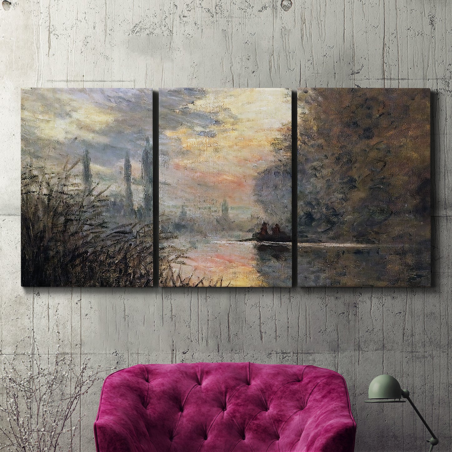Three-panel canvas wall art featuring winter river sunset with reflections, displayed in a living room above a suede accent chair.