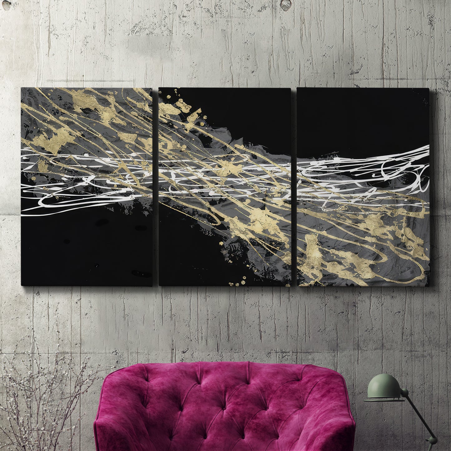Three-panel canvas wall art featuring dark modern abstract wind patterns, displayed in a living room above a suede accent chair.