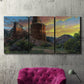 Three-panel canvas wall art featuring dramatic canyon landscape at dusk, displayed in a living room above a suede accent chair.