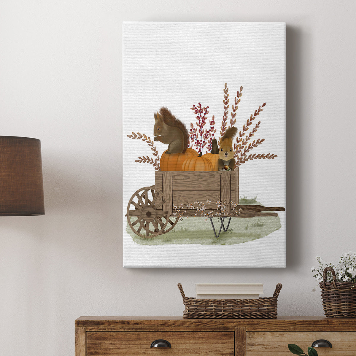 Squirrels In Pumpkin Wheelbarrow - Canvas Art Print