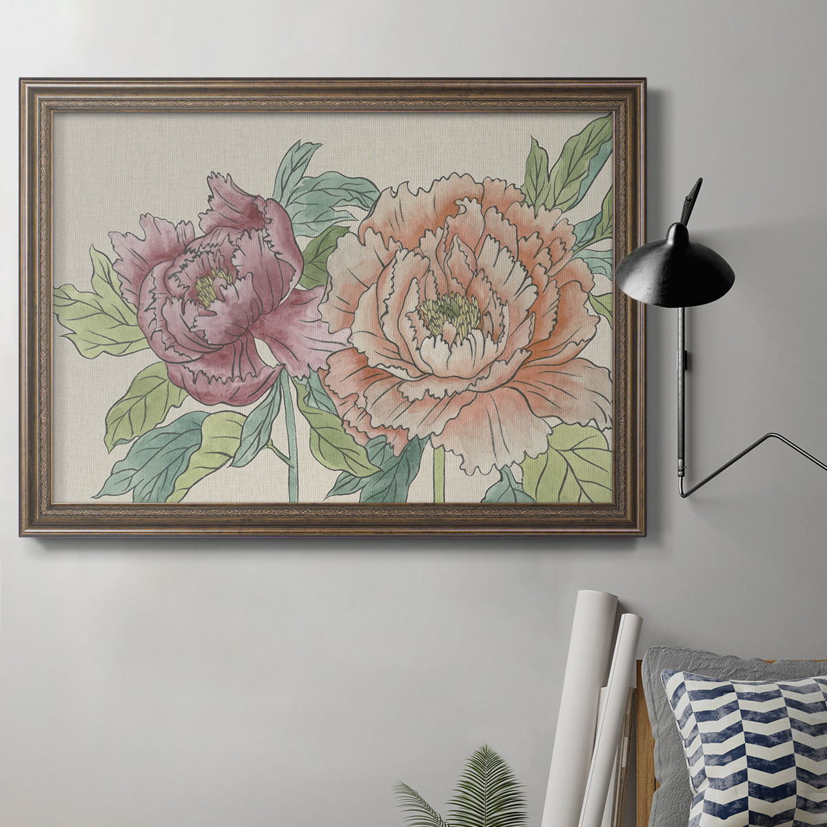 Modern peony floral drawing in an ornate traditional bronze frame displayed in a neutral interior setting.
