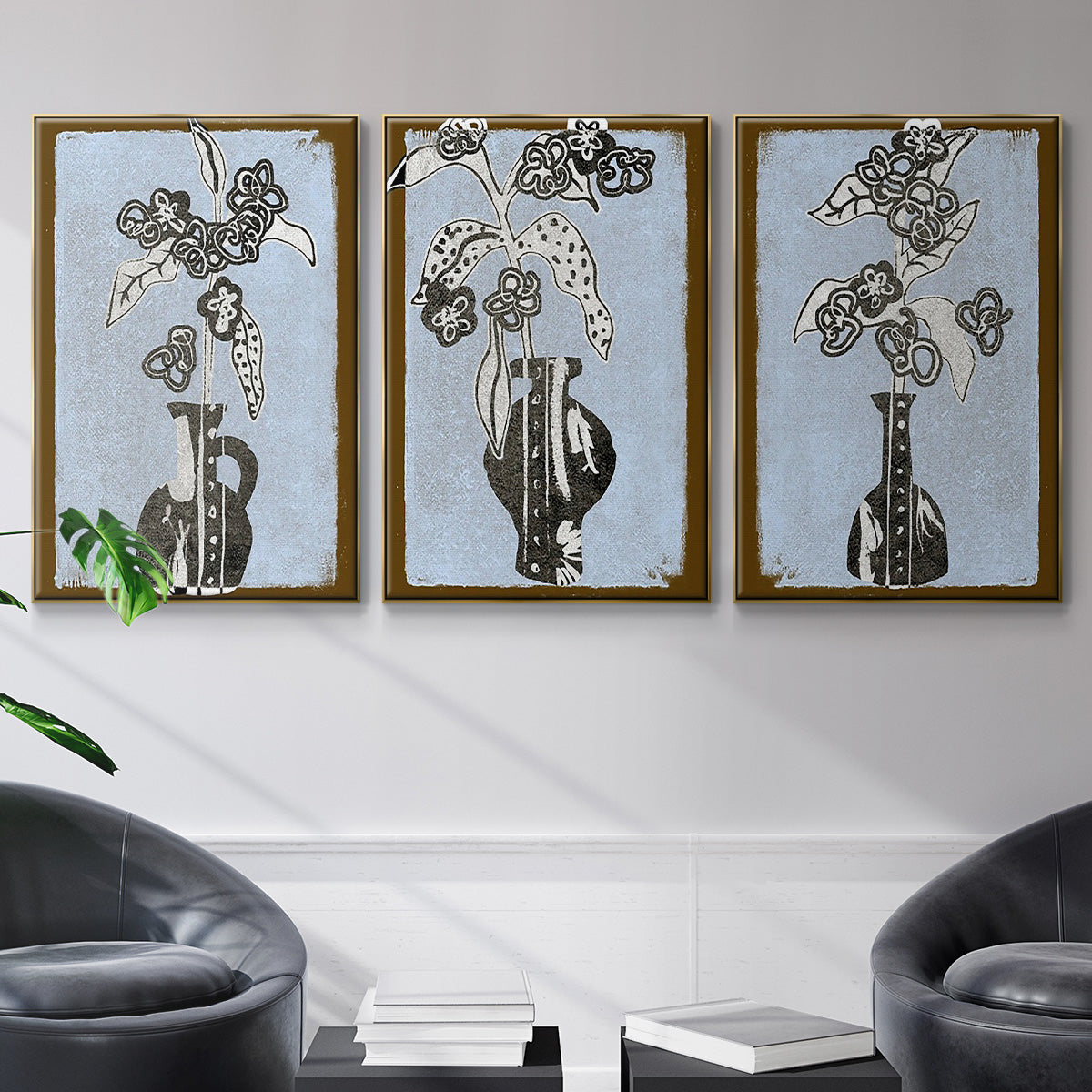 Graphic Flowers in Vase I - Framed Premium Gallery Wrapped Canvas L Frame 3 Piece Set - Ready to Hang