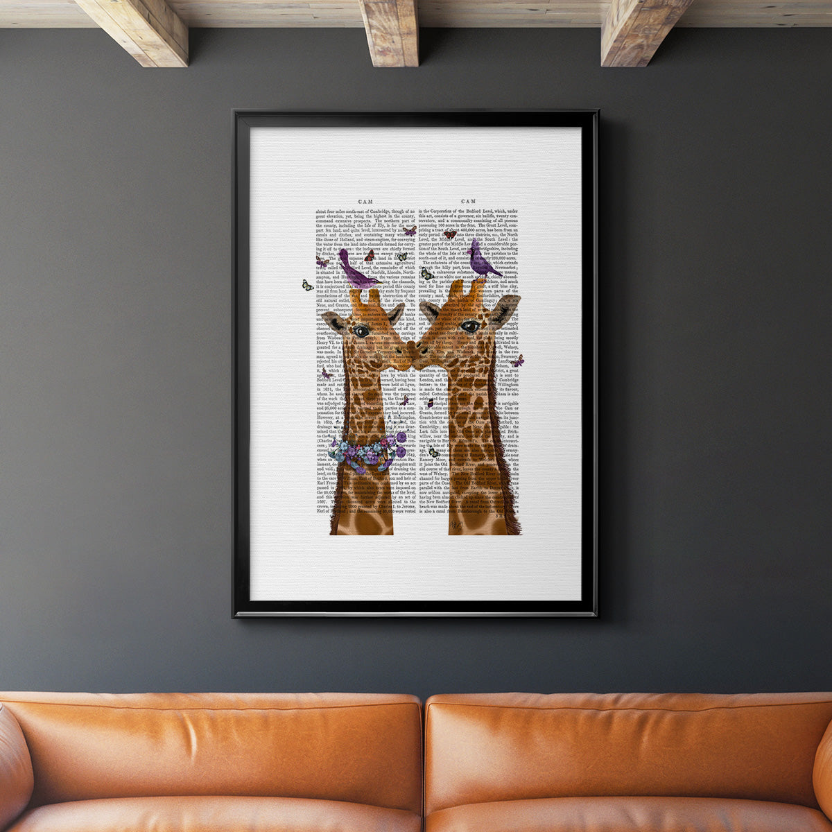 Kissing Giraffes with Birds - Modern Framed Canvas Print