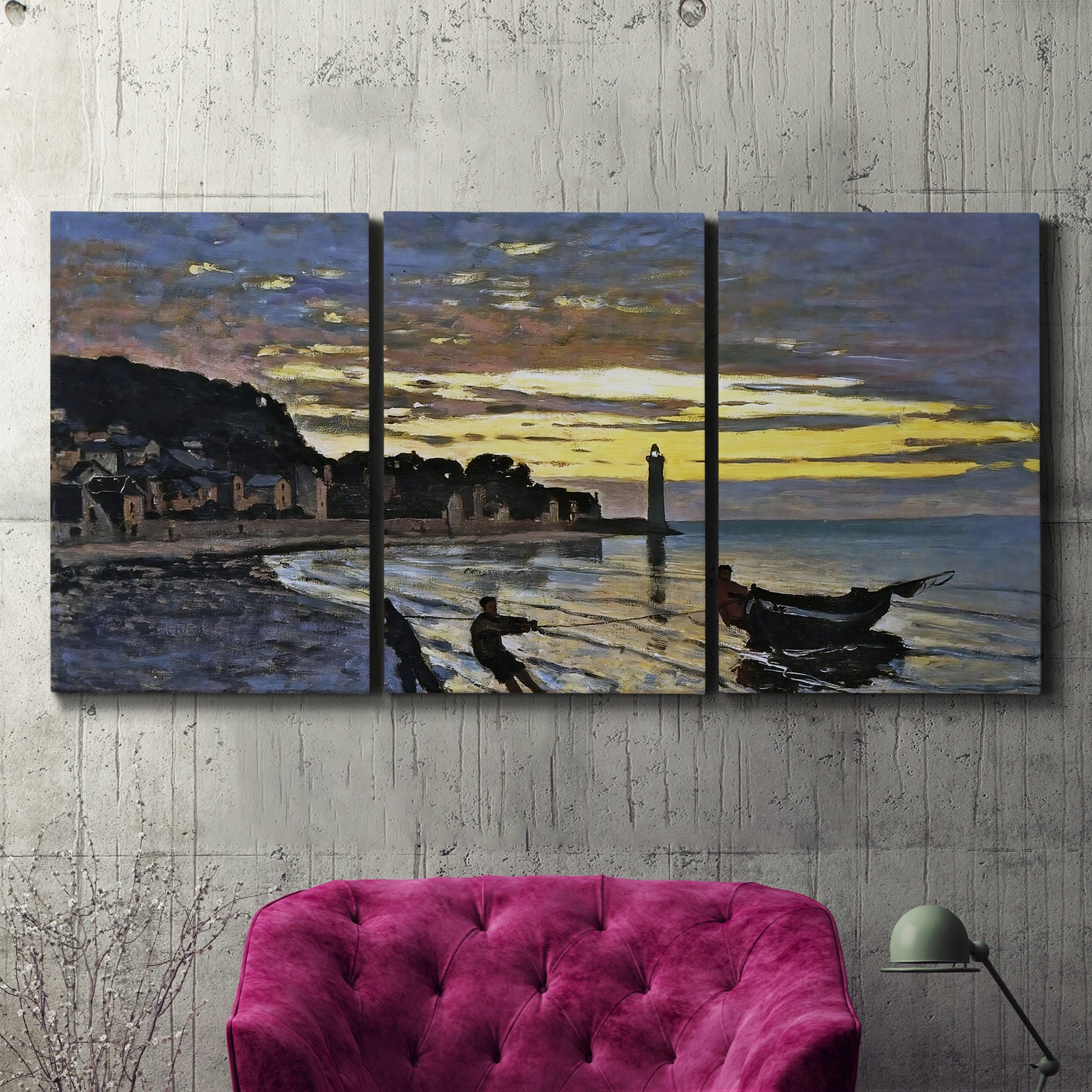 Three-panel canvas wall art featuring river at dusk with fading light, displayed in a living room above a suede accent chair.