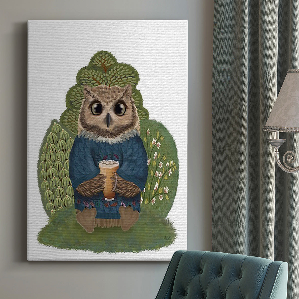 Latte Owl in Sweater - Canvas Art Print