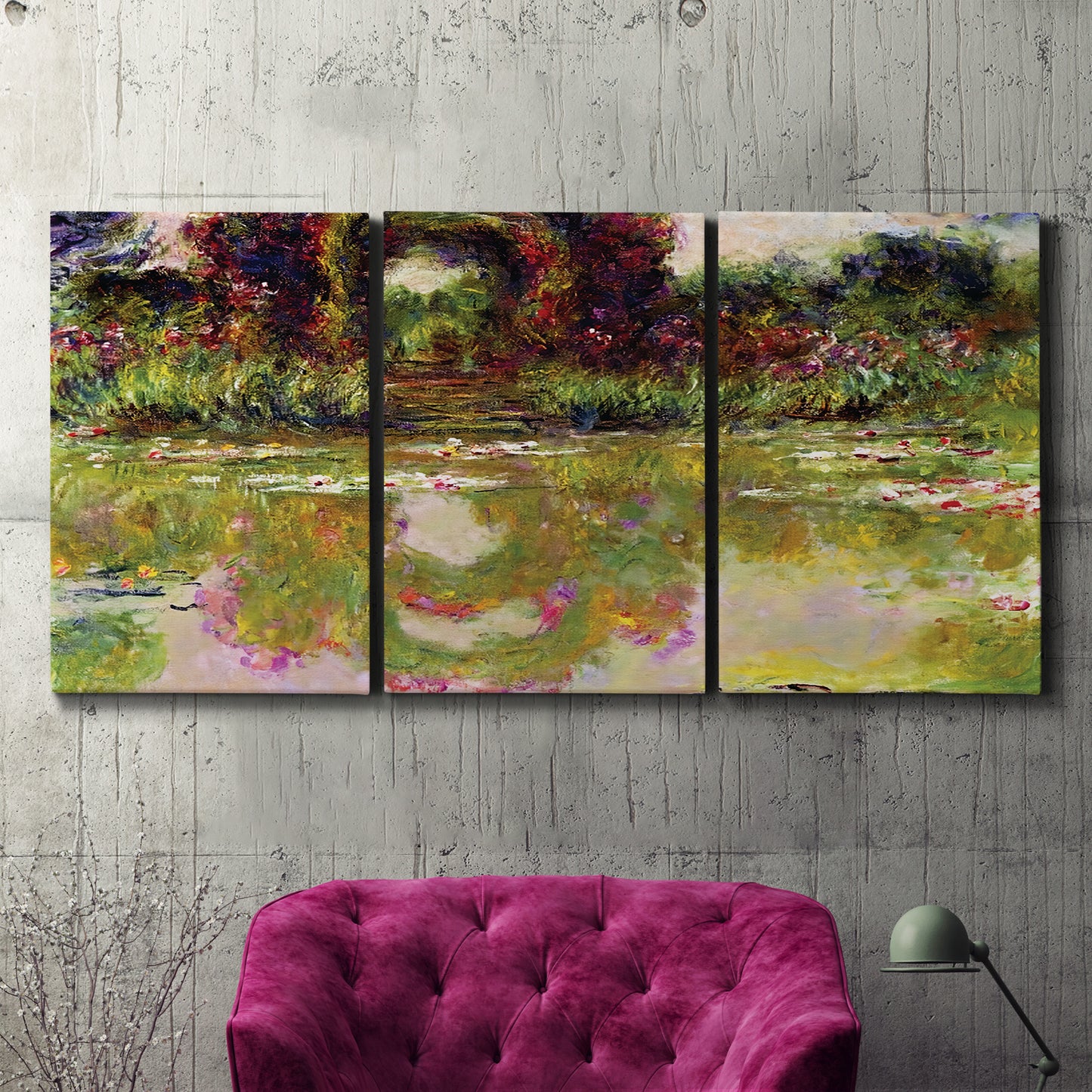 Three-panel canvas wall art featuring arched rose garden walkway, displayed in a living room above a suede accent chair.
