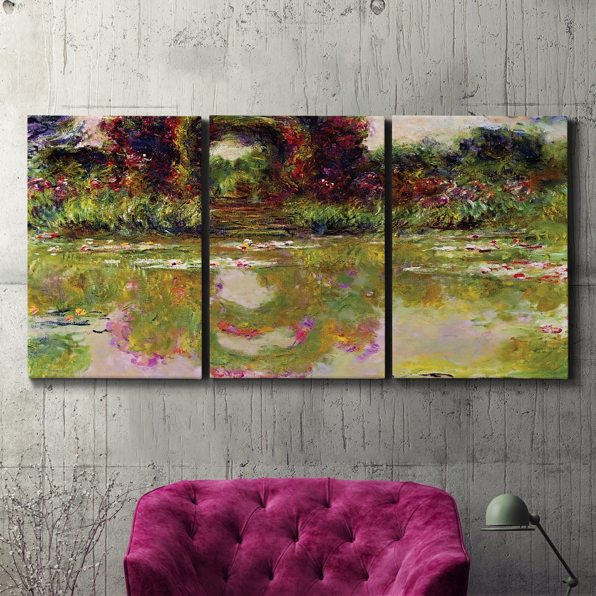 Three-panel canvas wall art featuring arched rose garden walkway, displayed in a living room above a suede accent chair.