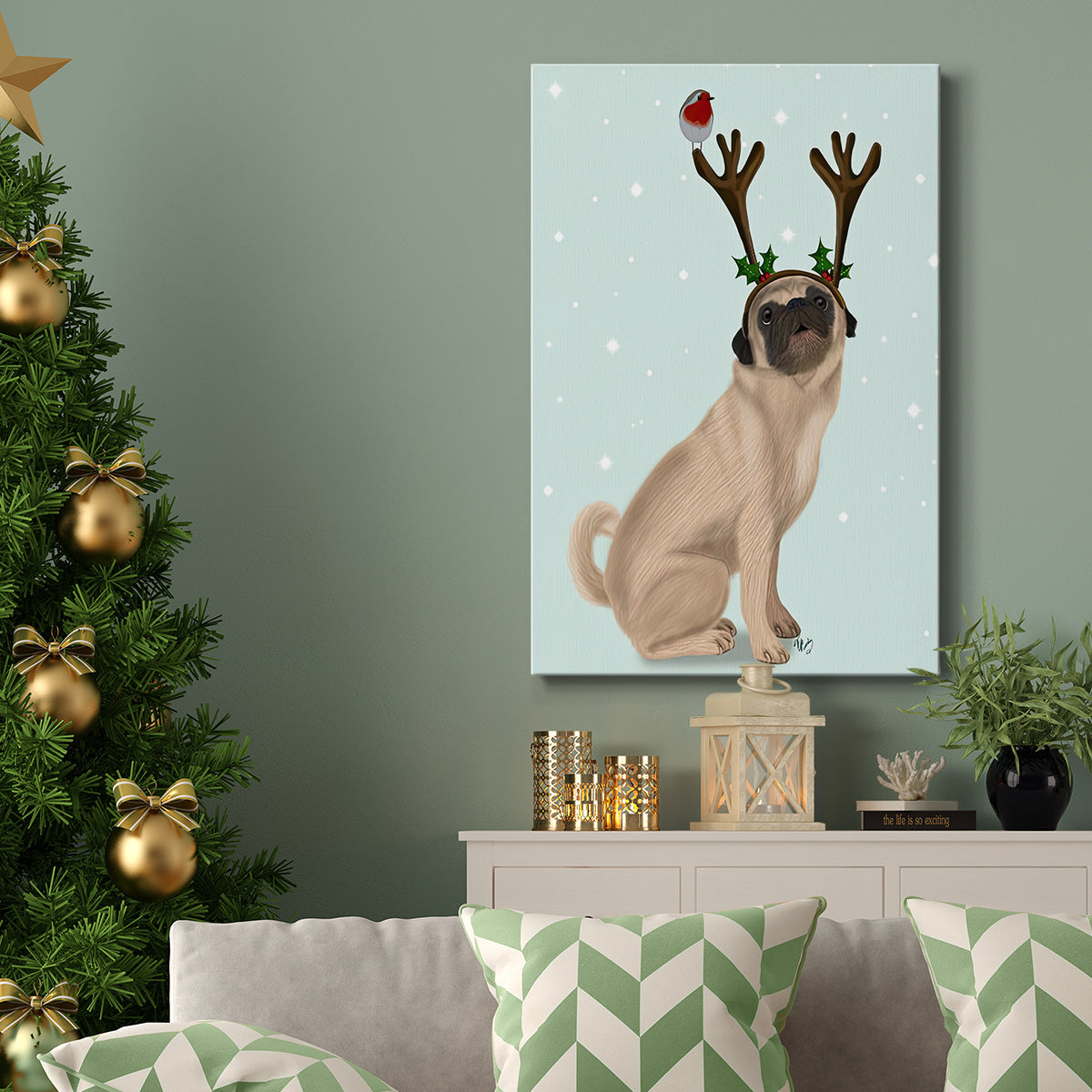 Christmas Pug with Antlers and Robin - Gallery Wrapped Canvas