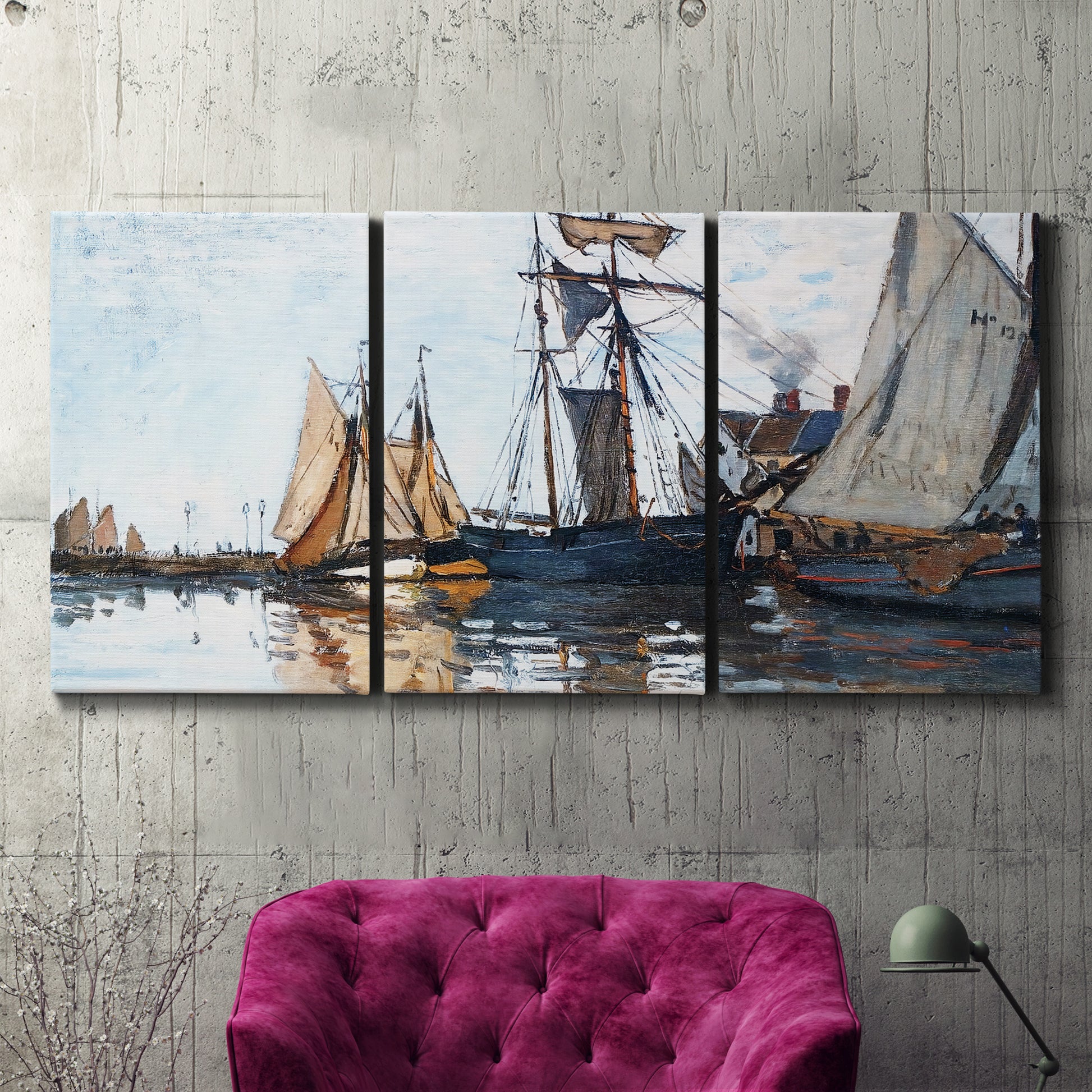 Three-panel canvas wall art featuring fishing boats navigating open water, displayed in a living room above a suede accent chair.