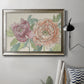 Modern peony floral drawing in an ornate mottled silver frame displayed in a neutral interior setting.