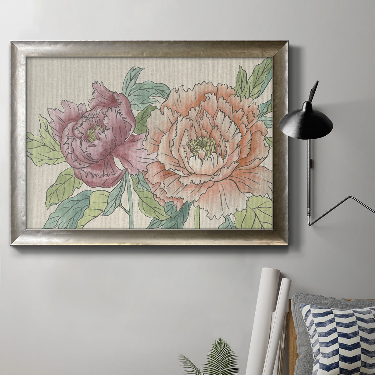 Modern peony floral drawing in an ornate mottled silver frame displayed in a neutral interior setting.