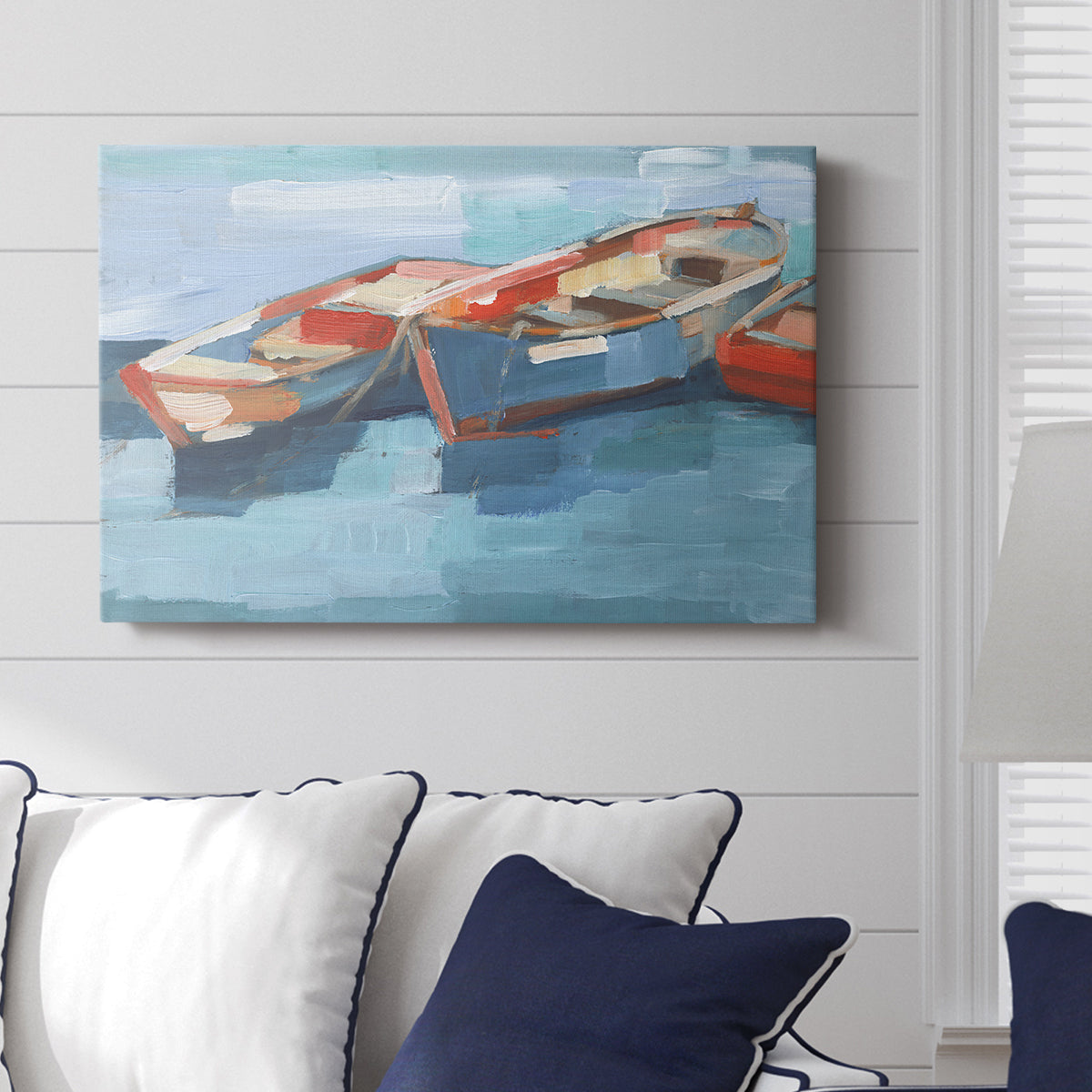 Colorful boats float calmly on the water, capturing a serene maritime atmosphere in a vibrant artistic style