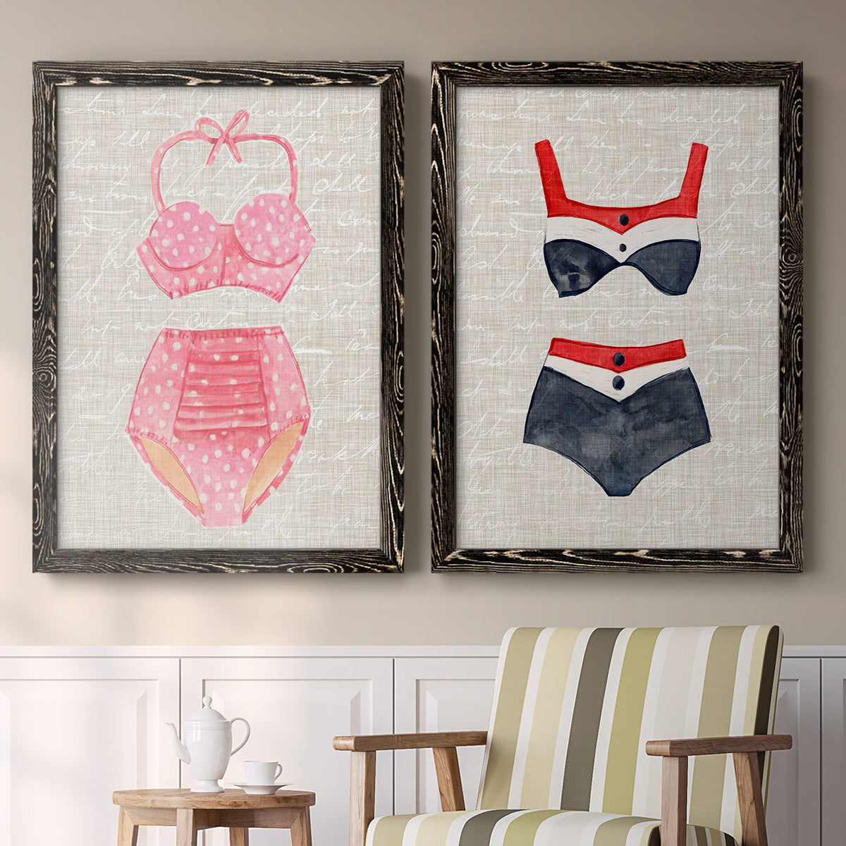 Vintage Swimming I - Premium Framed Canvas 2 Piece Set - Ready to Hang