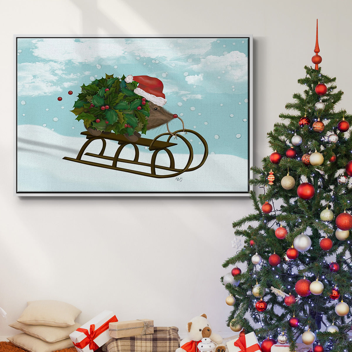 Christmas Holly Hedgehog Sledding - Framed Gallery Wrapped Canvas in Floating Frame