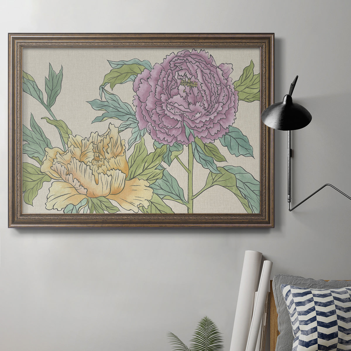 Contemporary peony flower illustration in an ornate traditional bronze frame displayed in a neutral interior setting.