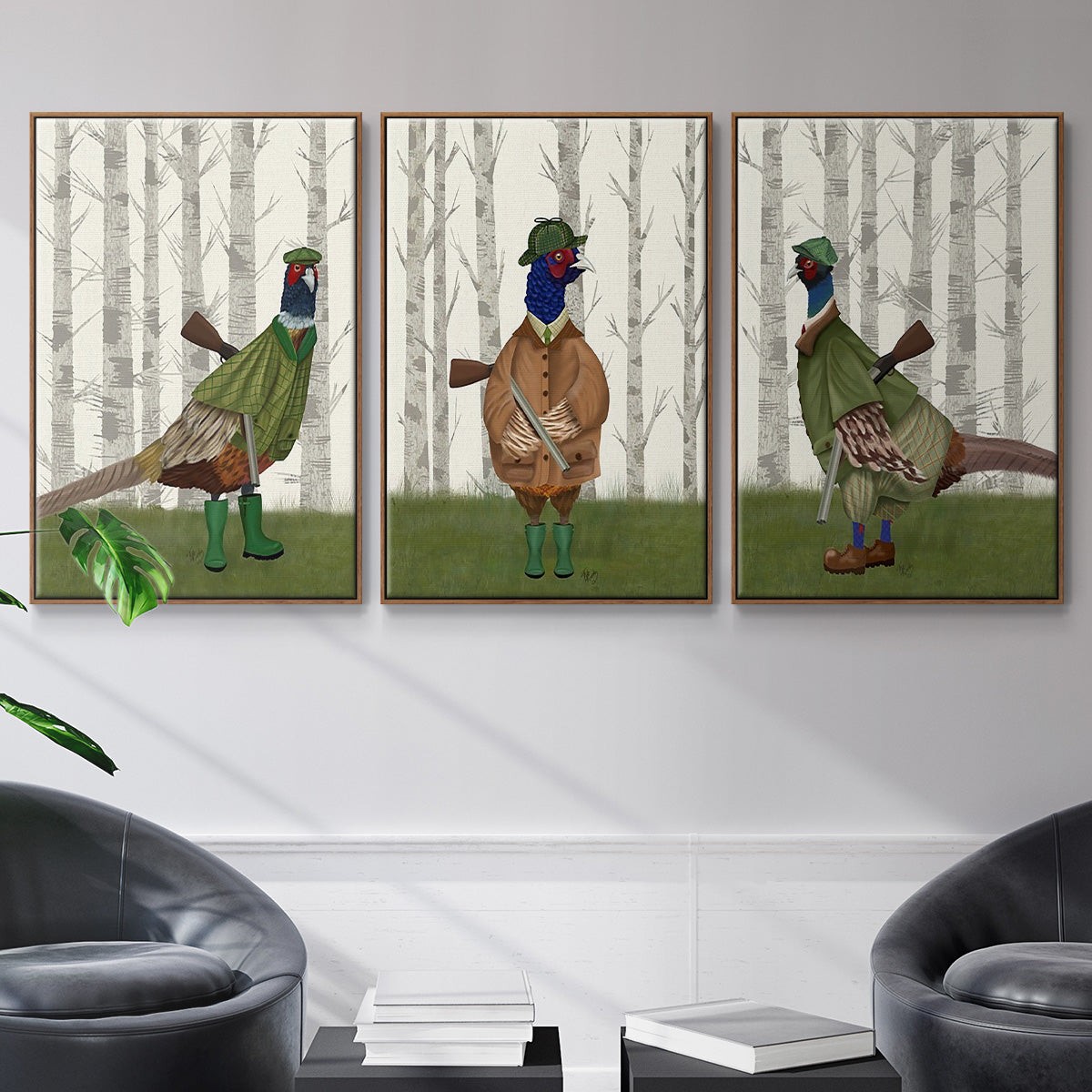 Pheasant Shooting Party 1 - Framed Premium Gallery Wrapped Canvas L Frame 3 Piece Set - Ready to Hang