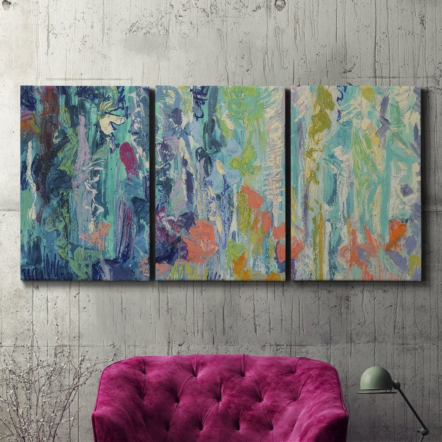 Three-panel canvas wall art featuring abstract rainfall with butterfly forms, displayed in a living room above a suede accent chair.