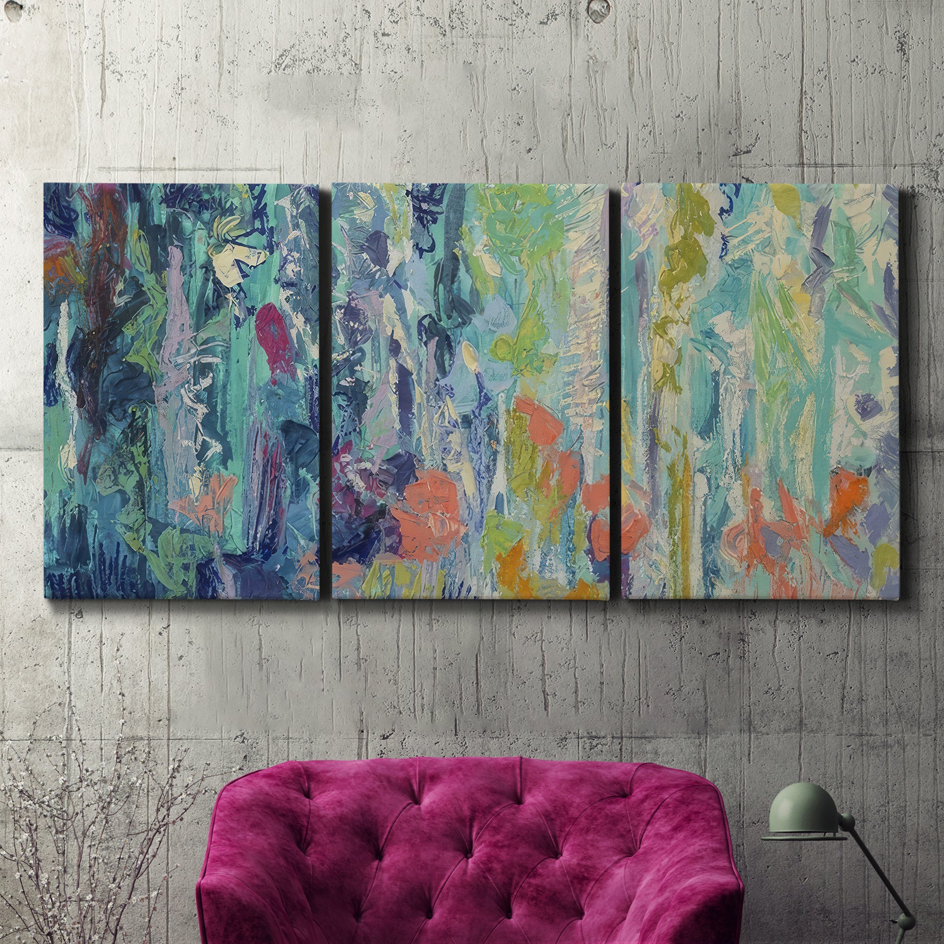 Three-panel canvas wall art featuring abstract rainfall with butterfly forms, displayed in a living room above a suede accent chair.