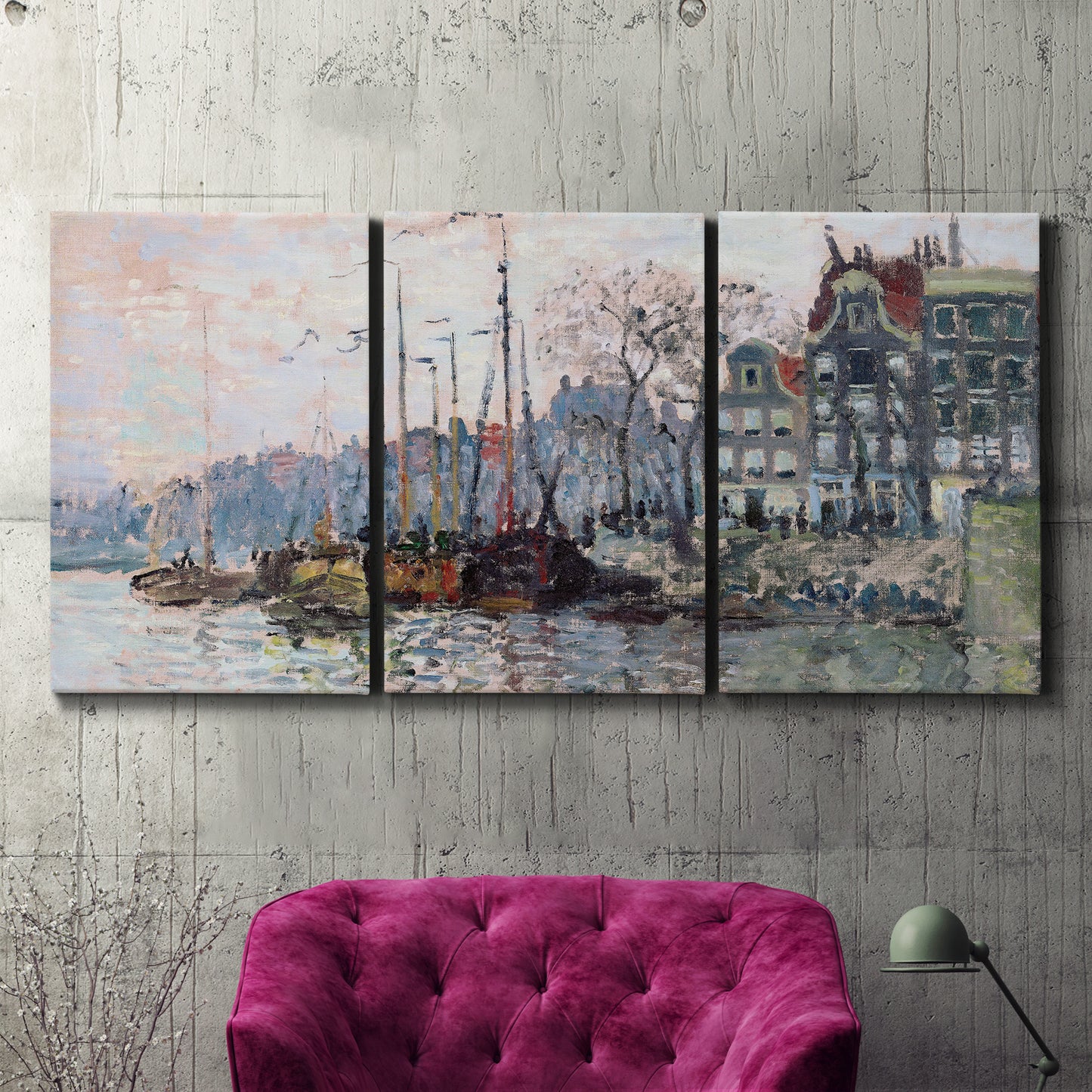 Three-panel canvas wall art featuring historic canal view with boats, displayed in a living room above a suede accent chair.